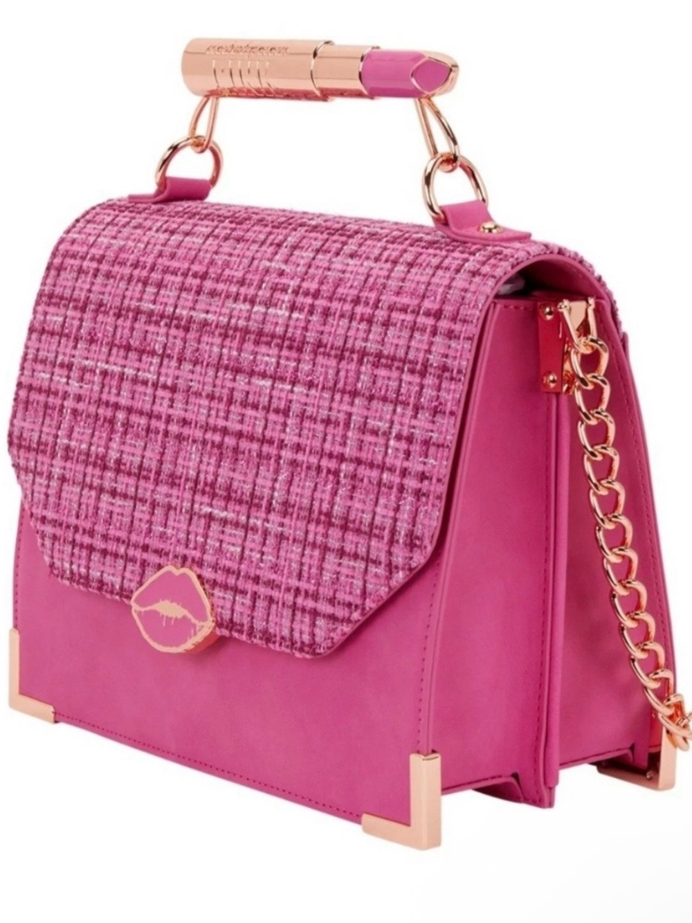 Mean Girls Loungefly Pink Tweed & Faux Leather Crossbody with Lipstick Clasp NWT - Picture 3 of 7